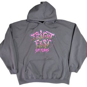 Six‎ Flags Fright Fest Halloween Horror Graphic Hoodie Sweatshirt 2XL Gray